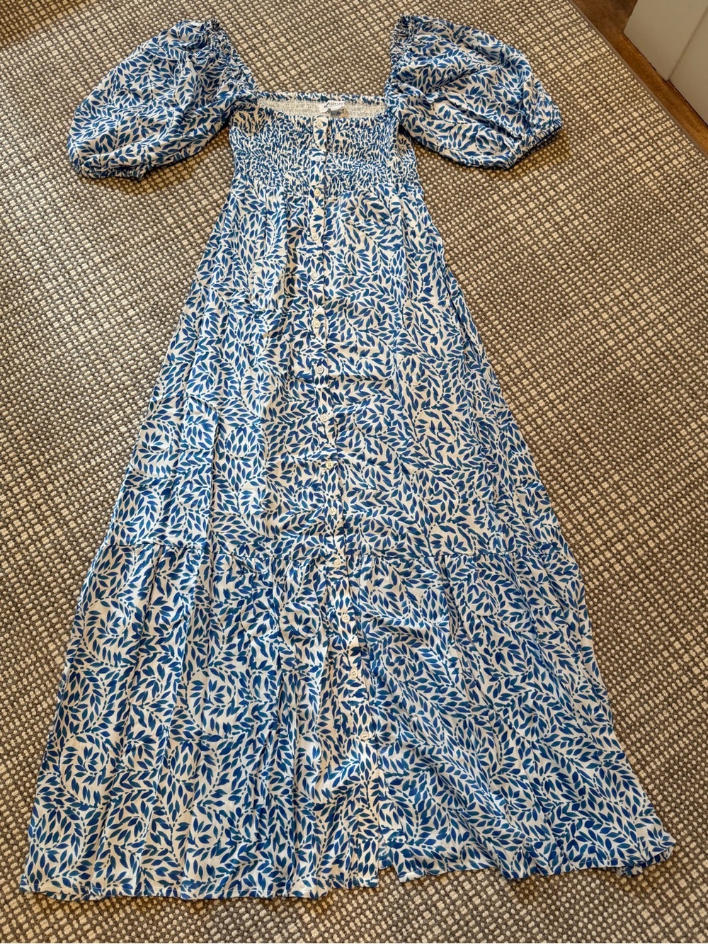Emerson Fry Santiago” Blue and White Puff-Sleeve Maxi Dress